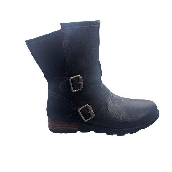 Sorel Women 7 38 Major Moto Fold Over Boot Suede Black Leather buckles Plaid - Picture 2 of 16